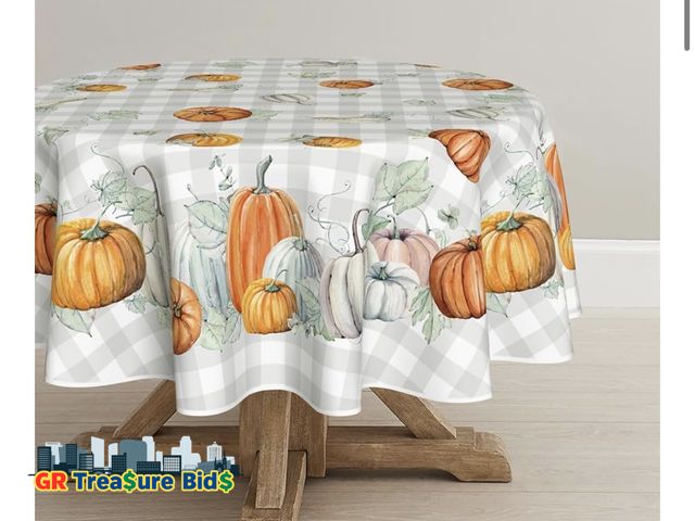 Lot 111-86114 - Horaldaily Fall Tablecloth 70x70 Inch Round, Thanksgiving Autumn Harvest Watercolor Pumpkins Blue Bu...