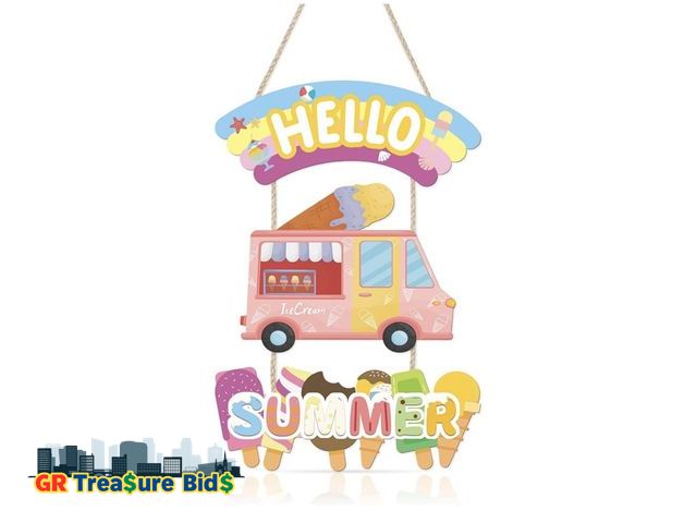 Lot 111-42506 - HLNIUC Hello Summer Door Sign Ice Cream Lolly Door Hanger Set of 3PCS Pink Sweet Ice Cream Truck Woo...