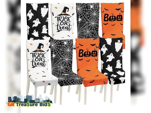 Lot 111-62062 - Preboun 8 Pcs 4 Styles Halloween Chair Cover Halloween Dining Chair Slipcover Spooky Chair Back Cove...