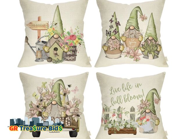Lot 111-92678 - New Spring Fever Gardening Gnome Truck Decorative Throw Pillow Cover 20x20 Set of 4, Lily Flowers Be...