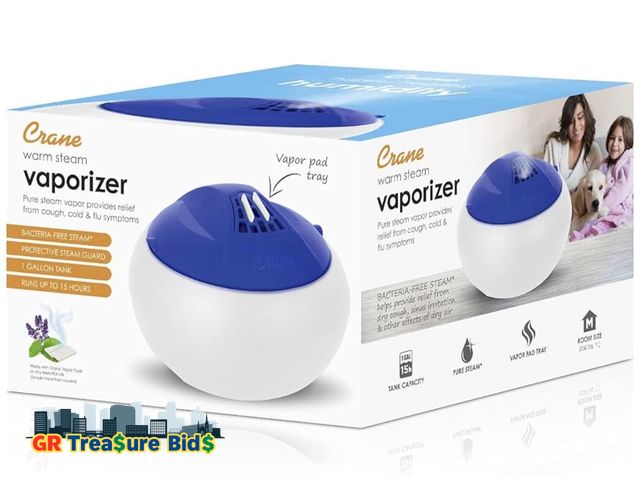 Lot 111-56931 - New Crane Pure Steam Vaporizer, 1.0 Gallon, Filter Free, Whisper Quite, Dishwasher Safe Tank, for Ho...