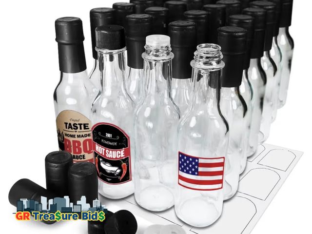 Lot 111-66266 - New 5oz Hot Sauce Bottles, Empty Clear Glass Woozy Bottles with Shrink Capsules, Small Wine Bottle w...