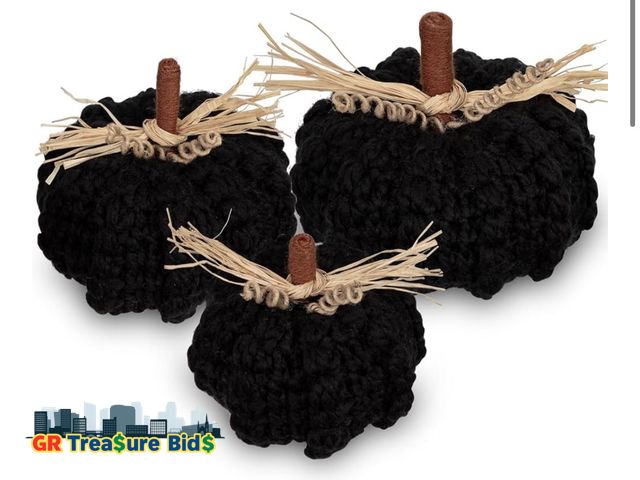 Lot 111-60537 - New Briful Extra Large Black Yarn Fall Pumpkins, 3 Sizes Handmade Knitted Crocheted Pumpkins, Christ...