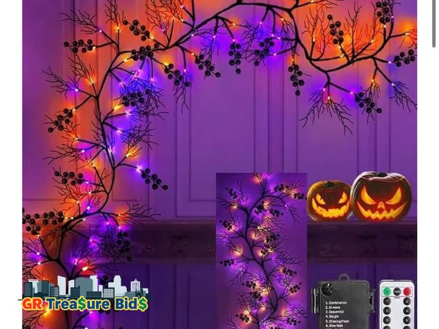 Lot 111-45501 - N&amp;T NIETING 6 FT Halloween Garland, Garland Decor Willow Vine Twig with Spiders Lights and Purpl...