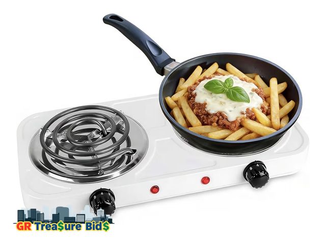 Lot 111-72806 - Double Burner Electric Coil Heating Hot Plate Stove Countertop RV Hotplate Temperature Controls Easy...