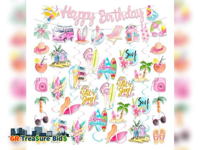 Lot 111-66289 - New 41Pcs Vintage Surfing Birthday Party Decorations Summer Surfing Birthday Banners Surfboard Banne...