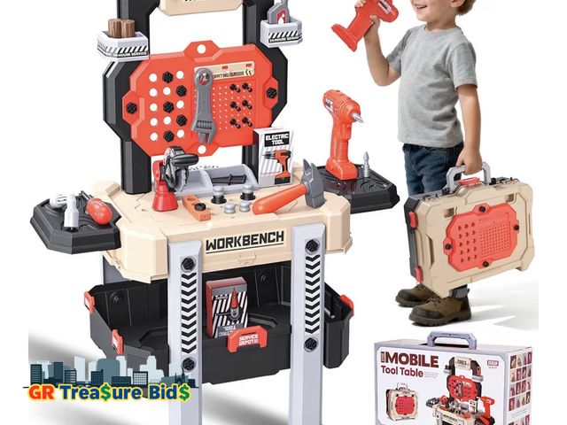Lot 111-765449 - REXBETI Kids Workbench with Realistic Electric Drill and Tool Box, Pretend Play Kids Workbench Const...