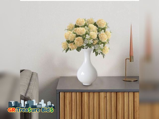 Lot 111-52141 - New 12  Heads Artificial Flowers Bouquet Faux English Cabbage Rose with Leaf and Stem Fake Plastic P...