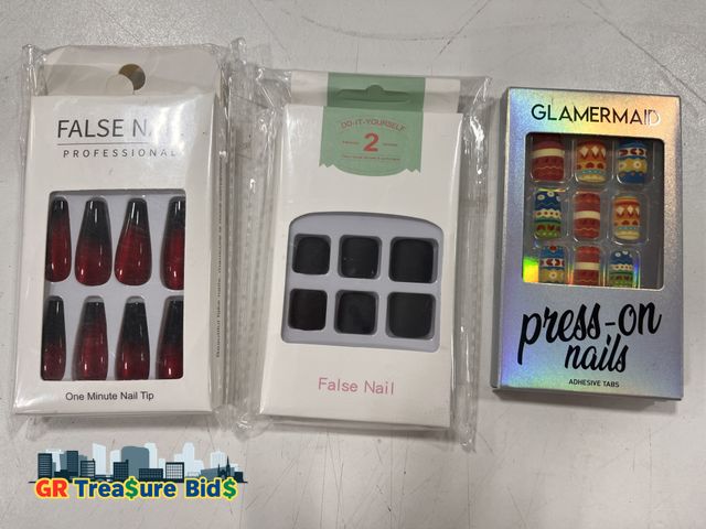Lot 111-90310 - New Lot of 3 different fake press on nail kits. All in one (includes nail glue/stickers &amp; etc.)