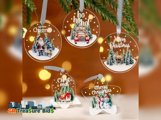 Lot 111-59069 - 5Pcs 3.54 Inch Acrylic Christmas Ornaments Set, Various Shapes Hanging Decorations with Christmas Cl...