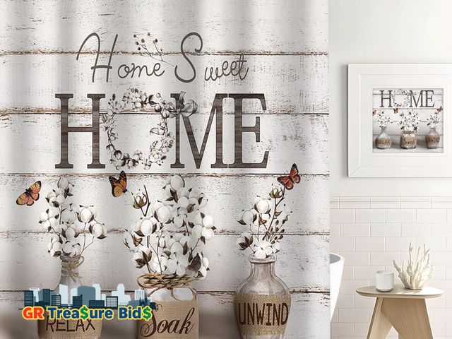 Lot 111-84680 - Farmhouse Shower Curtain Cotton Flowers Rustic Bathroom Decor with Waterproof Fabric, Country Style ...