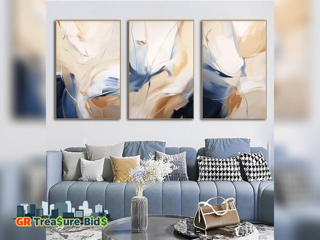 Lot 111-4654 - Abstract Navy Blue Wall Art Blue and Brown Artwork Brown and White Painting Minimalist Neutral Wall ...