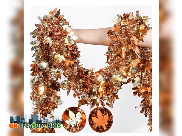 Lot 111-49238 - New Mega-L Thanksgiving Tinsel Garland Decorations, 26.25Ft Orange Gold Maple Leaf, Fall Garland for...