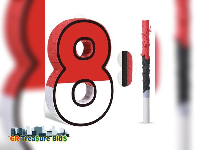 Lot 111-52375 - Pasimy Number 8 Piñata Red and White Cartoon Animation Piñata with Stick Blindfold Confetti for Vide...