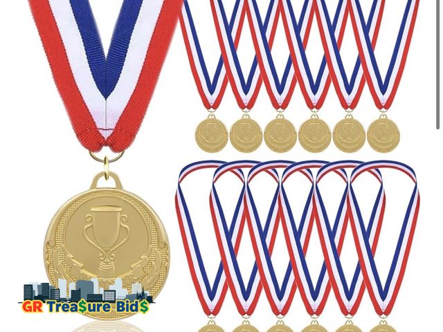 Lot 111-30076 - 12 Pieces Gold Medals for Awards - Winner Medal Metal with Neck Ribbon Prizes for Kids, Adults, Spor...