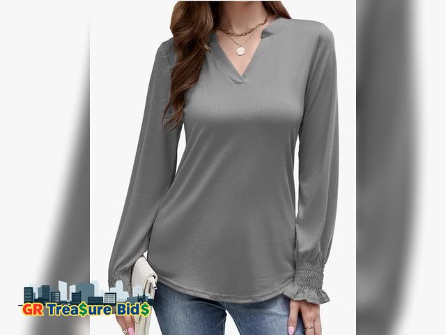 Lot 111-86679 - Size XL purple LuckyMore Women's Puff Long Sleeve Tunic Tops Smocked V Neck Casual Fall Blouses T Sh...