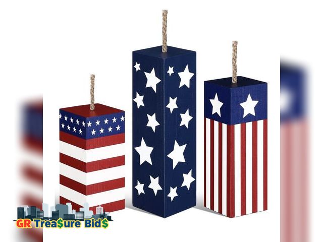 Lot 111-5406 - Weysat 3 Pcs 4th of July Wood Firecracker Decorations Sign Patriotic Table Centerpieces Glitter Red ...