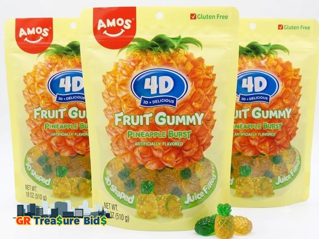 Lot 111-78266 - Lot of 3 Amos 4D Pineapple Burst Gummy Candy 6 oz. Bag