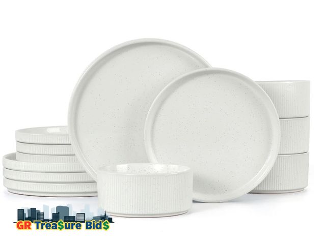 Lot 111-62662 - New Vesteel 12 Pieces Dinnerware Set for 4, Premium Stoneware Ribbed Dishes, Chip &amp; Scratch Resi...