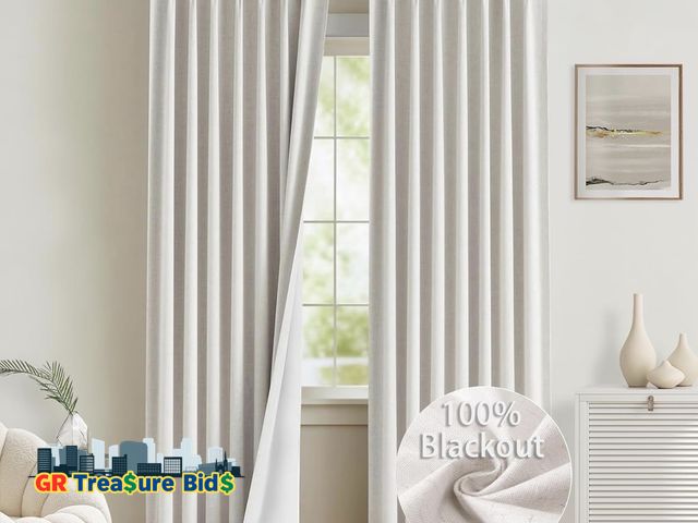 Lot 111-36789 - New Natural Linen Pinch Pleated Curtains 90 inches Long 2 Panels 100% Blackout Linen Curtains for Li...