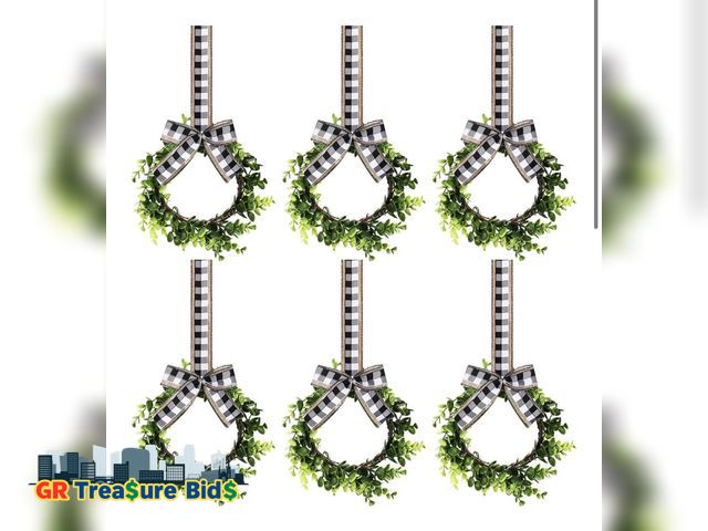 Lot 111-85701 - Yilloog 6 Pcs Christmas Kitchen Cabinet Wreaths Decorative Boxwood Wreaths with Ribbon Artificial Gr...