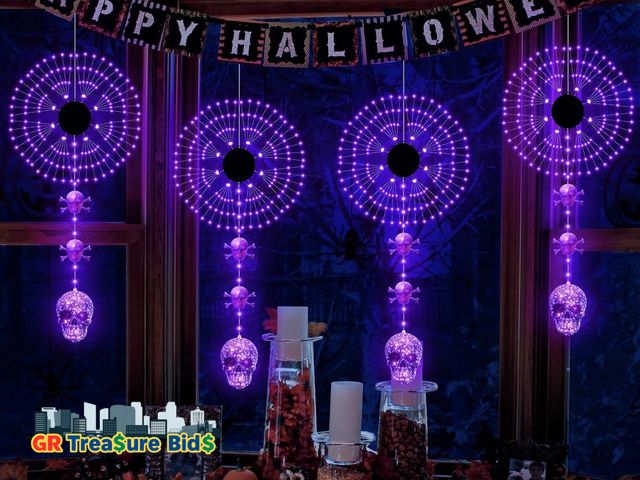 Lot 111-60630 - New Halloween Decorations Lights 192 LED Purple Skull Halloween Window Lights 8 Modes USB Mini Firew...