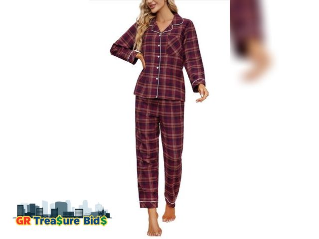 Lot 111-51258 - New Vulcanodon Cotton Pajama Set for Women Soft Plaid Long Sleeve Flannel Pajamas Set Button Down Wo...