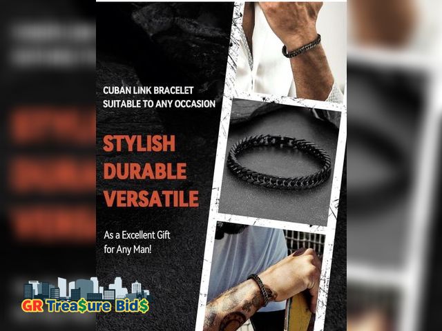 Lot 111-72672 - New tainless Steel Cuban Link Bracelet for Men, Gold Plated/Black/Silver Mens Chain Bracelet 8/12/17...