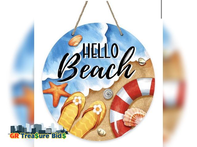 Lot 111-95901 - Hello Beach Summer Front Door Sign, Coastal Sea Flip Flops Swim Ring Wood Door Hanger Outdoor Outsid...