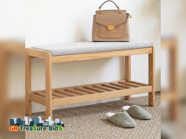 Lot 111-3007 - New Gold Other Shoe Storage Bench, Solid Wood Shoe Storage Bench with Cushion Seat, Small Shoe Chang...