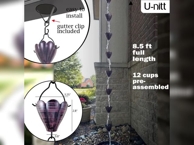 Lot 112-0154-22C - U-nitt 8.5 ft rain chain Crimson Red. Alternative to traditional gutters. MSRP $75.91. New.