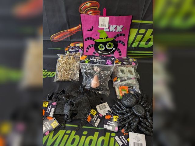 Lot 112-0521-23B-1 - Assorted Halloween lot. Includes (5) Skeleton garland, (4) plastic bats, (4) plastic spiders, (7) 2-...