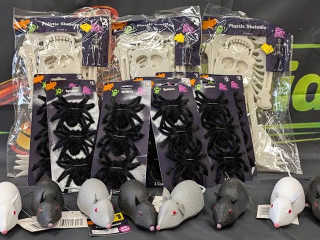 Lot 112-0573-32C-1 - Assorted Halloween lot. Includes (9) 3-pack fuzzy spiders, (8) Toy wind up mouse, (3) plastic hangin...