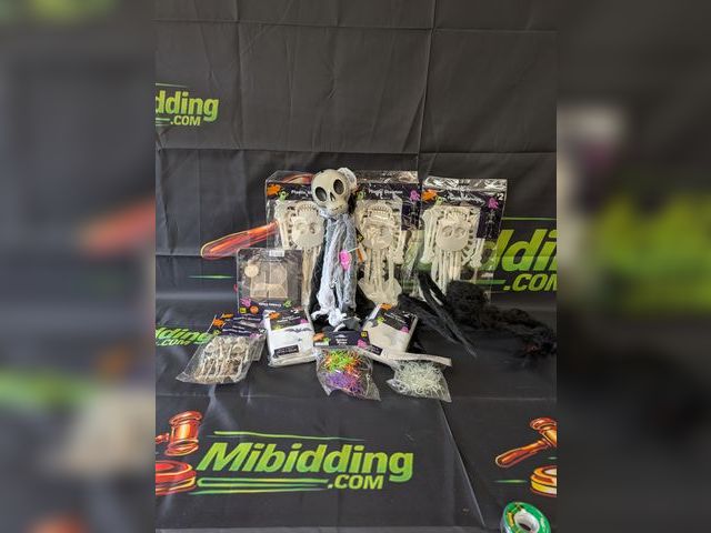 Lot 112-0518-23B-1 - Assorted Halloween lot. Includes (3) plastic hanging skeletons, (1) Decretive spider, (2) bags of as...