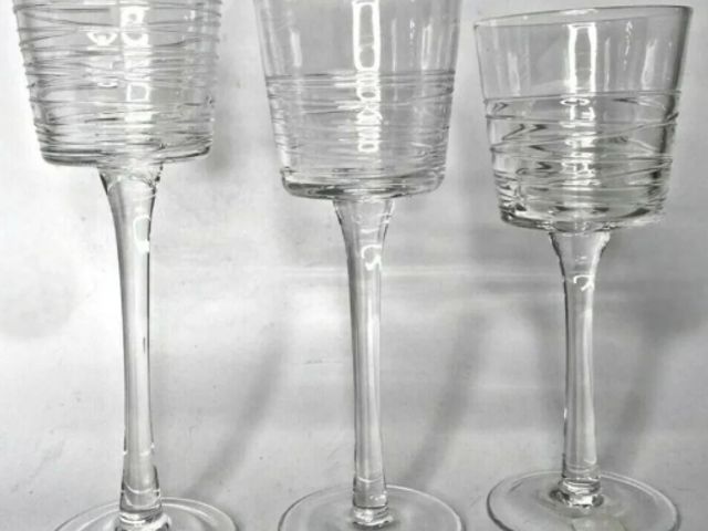Lot 112-0296-23A - Partylite Clear Lines Stemmed Trio. Gently used. In box.