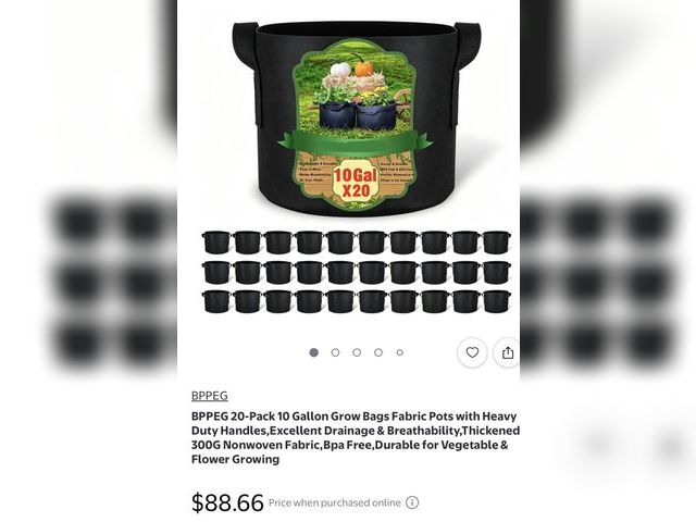 Lot 112-0147-21b - 20 pack of 10 gallon fabric grow bags. New