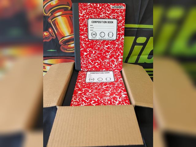 Lot 112-0507-23A - Unison 80 sheet composition books. Lot of 15 total. (4) red, (4) blue, (4) green and (3) yellow. New...