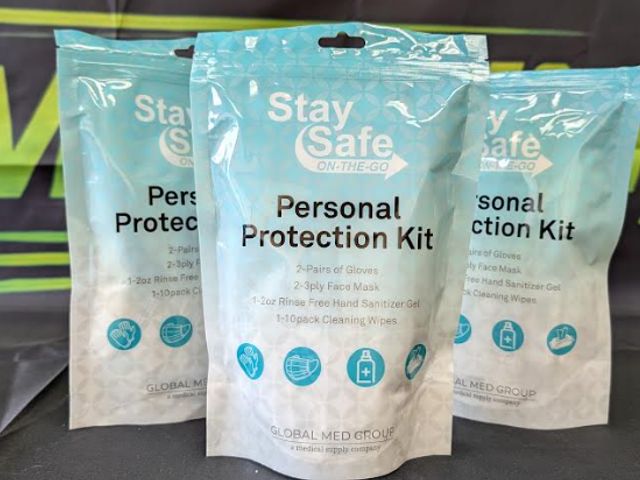 Lot 112-0300-23A - Stay Safe On-The-Go personnal protection kits. Includes (2) pair of gloves, (2) 3ply face masks, (1)...