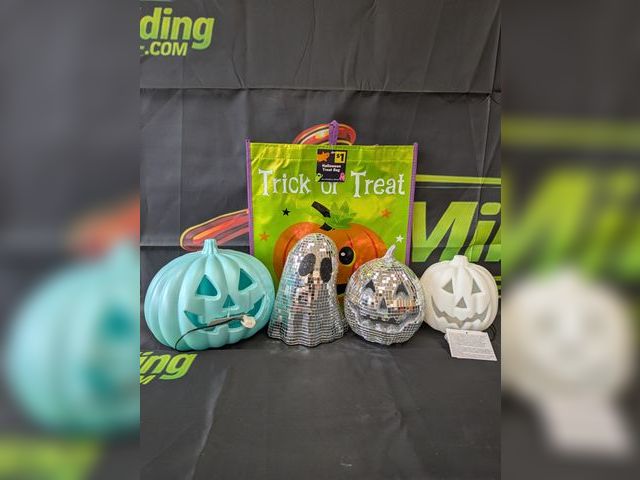 Lot 112-0520-23B-1 - Assorted Halloween lot. Includes (1) White light up pumpkin, (1) Blue light up pumpkin, (1) Dazzling...