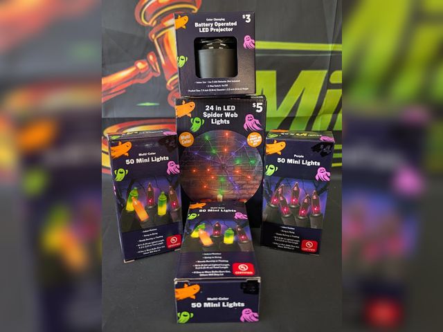 Lot 112-0536-23B-1 - Assorted Halloween lights. Includes (3) 50 mini lights, (1) 24" LED spider web lights and (1) batter...