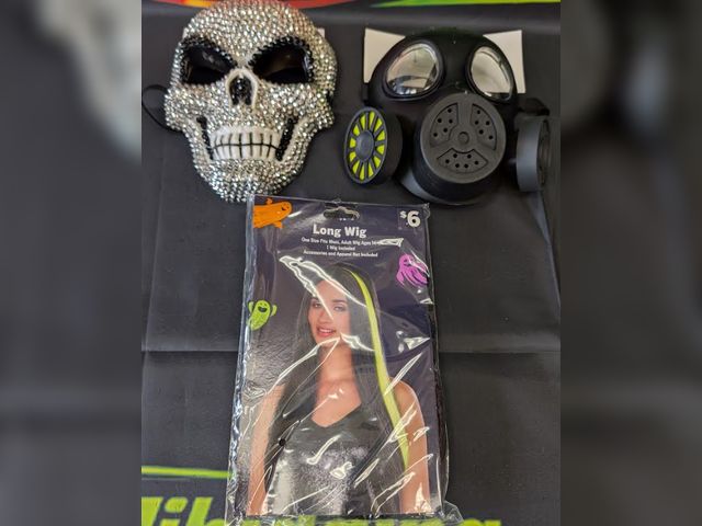 Lot 112-0524-23B-1 - Lot of (1) skeleton Halloween mask, (1) Gas mask and (1) long wig. New.