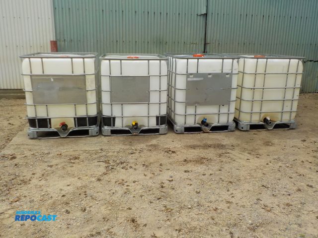 Lot 2-97184 - 4 BCI liquid storage totes, 170 gallon , 4 way pallet, steel cage, bottom value, top lid, used for w...