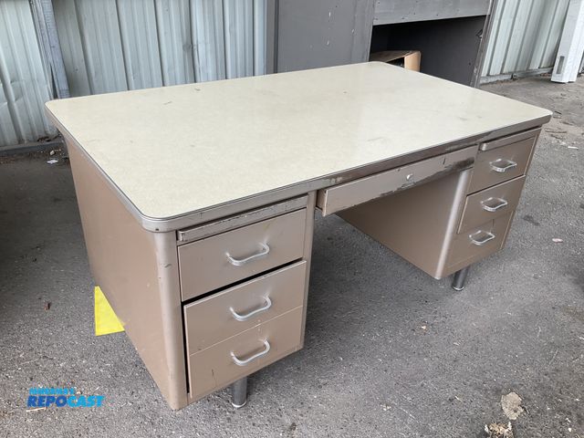 Lot 2-18182 - Desk Vintage Steelcase Mid Century Modern Metal "Tanker" Desk.   60” x 36” x 29”
