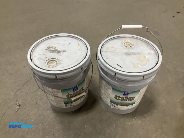 Lot 2-67396 - (2) 4&amp;59/64 US gallon CHB interior latex flat wall paint, extra white (new)