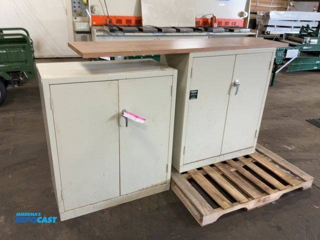 Lot 2-20229 - (2) 2- Door Metal Storage Cabinets with Shelves, comes with laminate top that goes across both, each...
