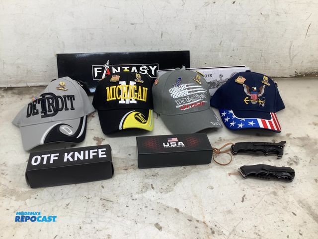 Lot 2-18444 - lot includes: daggers, knives, hat pins , &amp; ballcaps