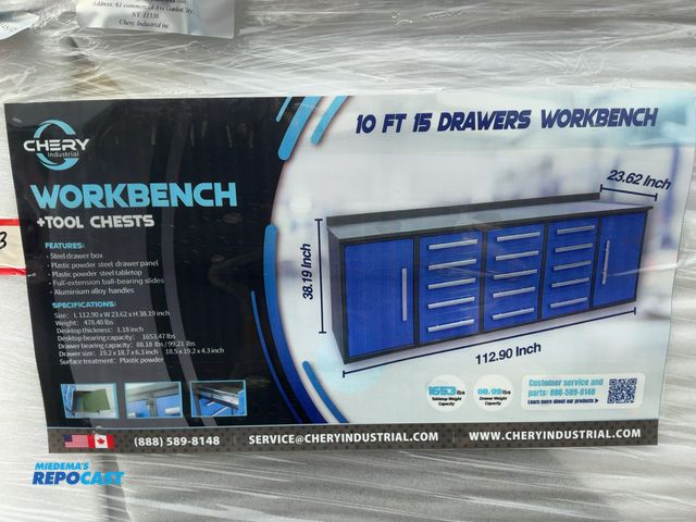 Lot 2-21142 - New Chery Industrial 9'5" 15-Drawer Steel Workbench, Blue Cabinet Doors and Drawer Fronts, Two Cabin...