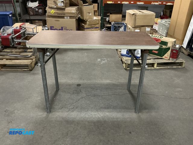 Lot 2-64019 - Vintage school house table - portable light weight, metal leg table w/ brown formica top, the size i...