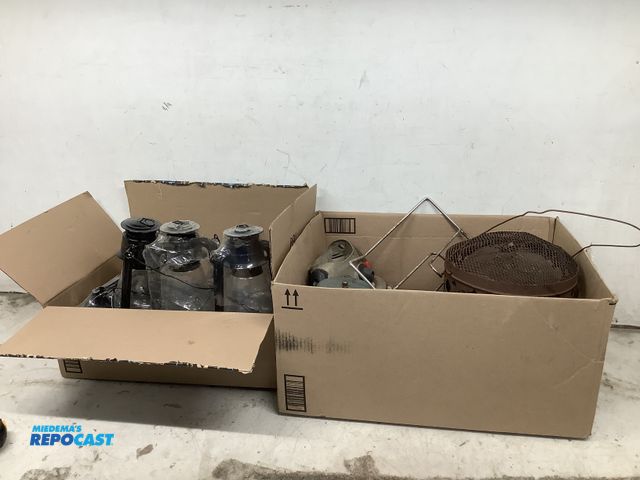 Lot 2-92035 - (5) black lanterns with handles, a Coleman adjustable snuffer, and other various lantern parts