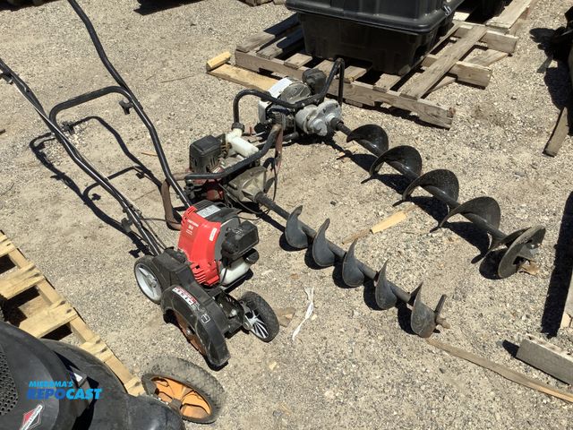 Lot 2-75407 - Lot of (3) 1 craftsman E410 push edger gas powered, and 2 augurs gas powered